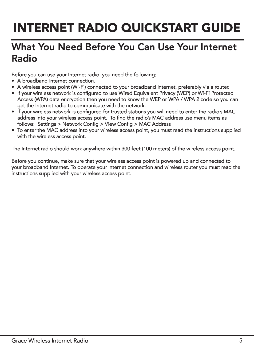 Grace GDI-IR2000 manual Internet Radio Quickstart Guide, What You Need Before You Can Use Your Internet Radio 