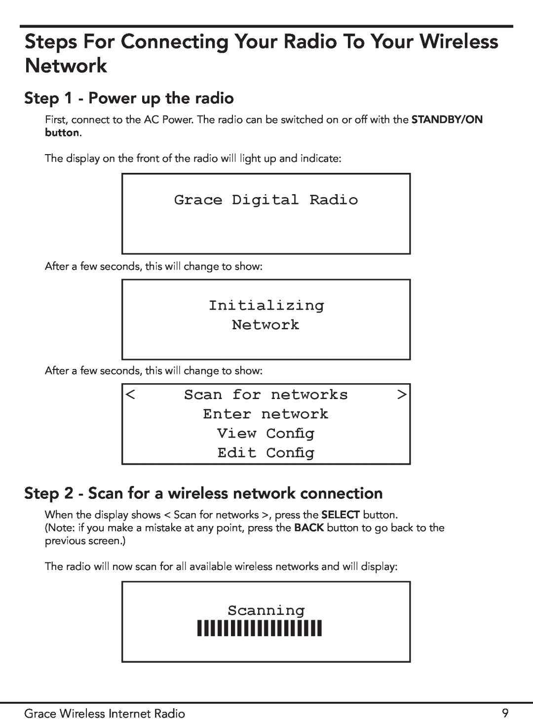 Grace GDI-IR2000 Steps For Connecting Your Radio To Your Wireless Network, Power up the radio, Grace Digital Radio, View 