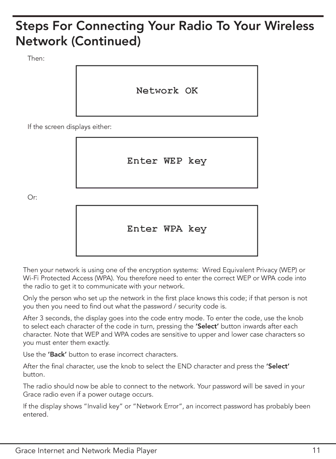 Grace GDI-IR3000 manual Network OK, Enter WEP key Enter WPA key 