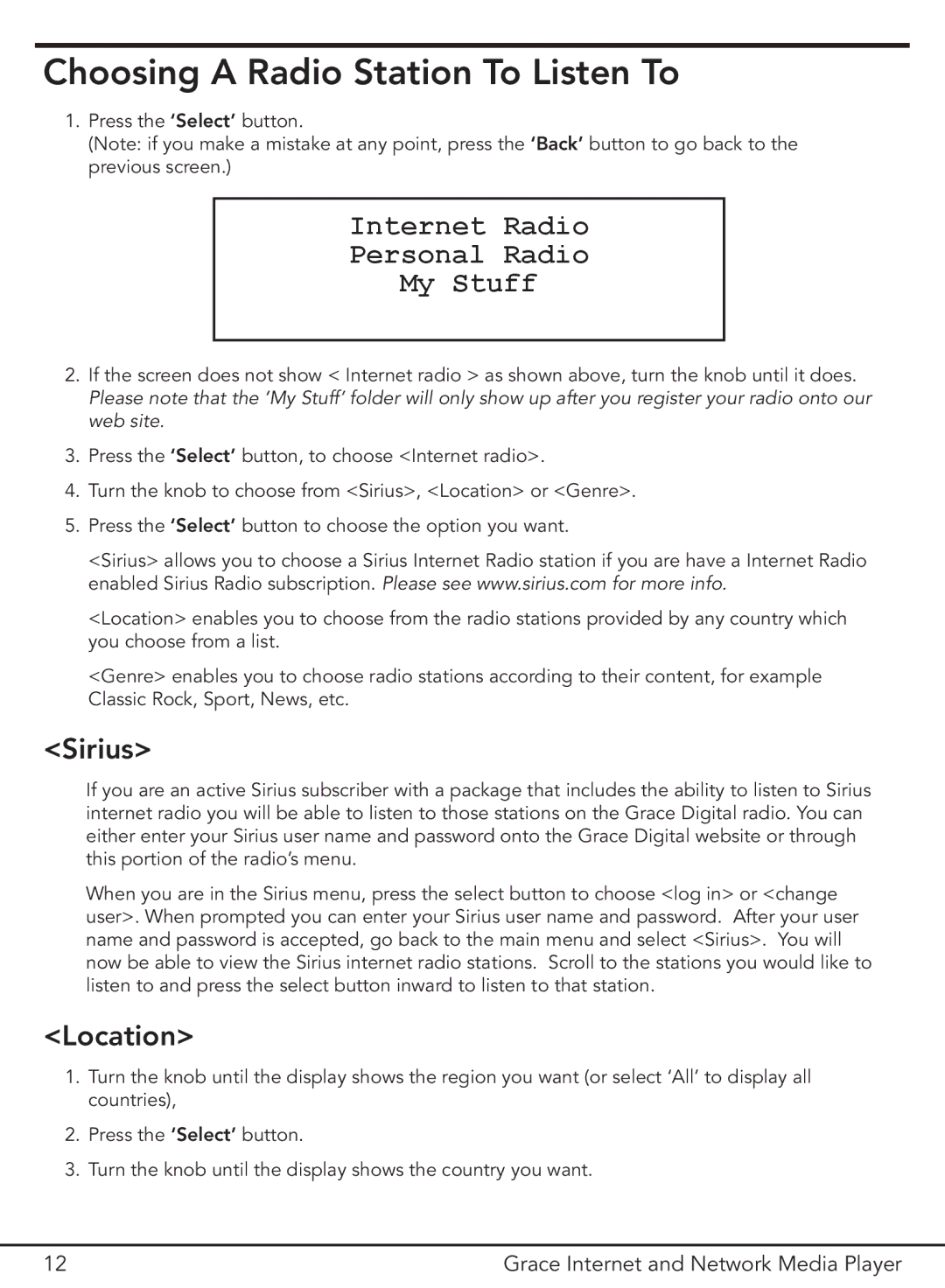 Grace GDI-IR3000 manual Choosing a Radio Station To Listen To, Internet Radio Personal Radio My Stuff 