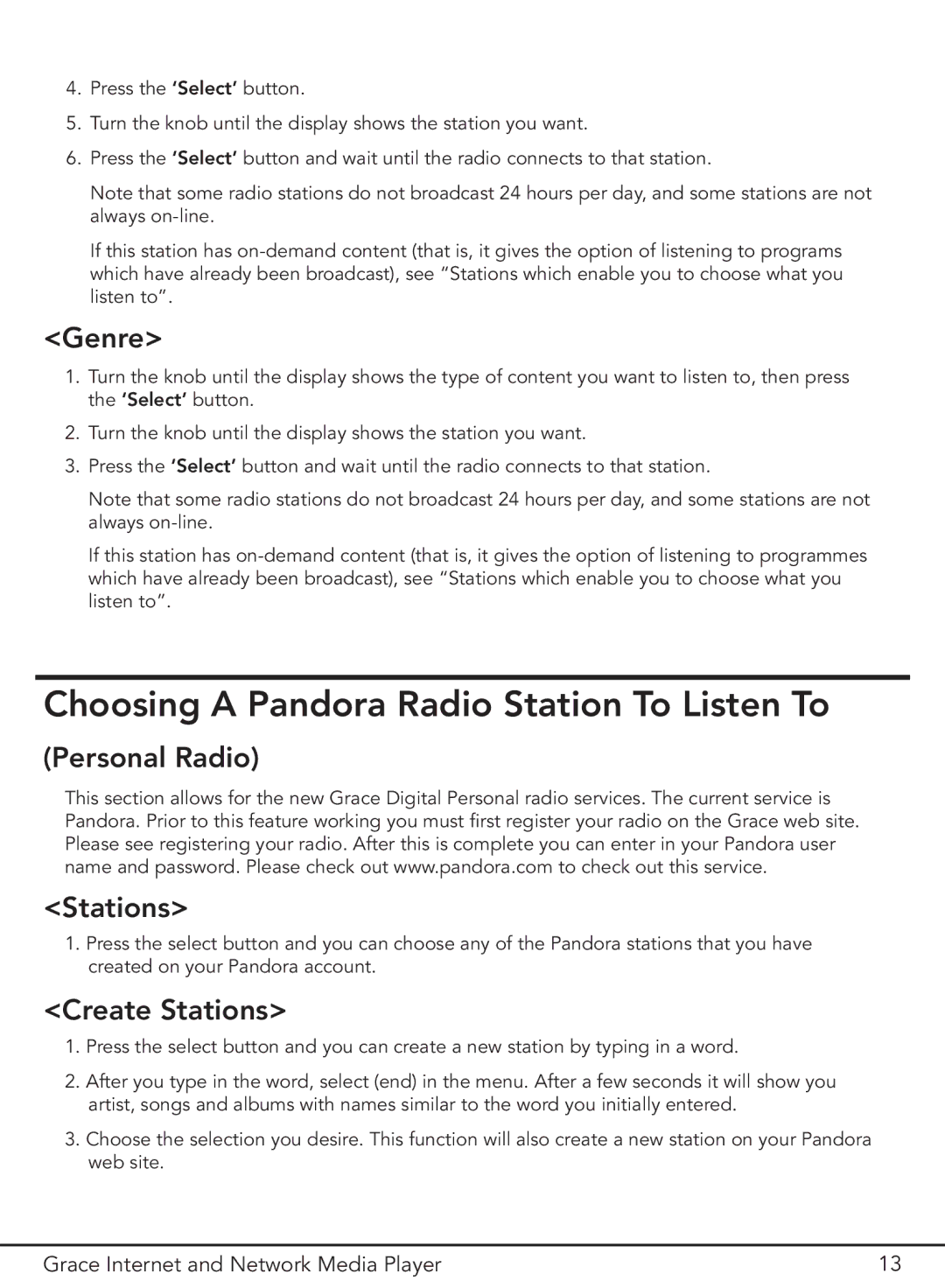 Grace GDI-IR3000 manual Choosing a Pandora Radio Station To Listen To, Genre 