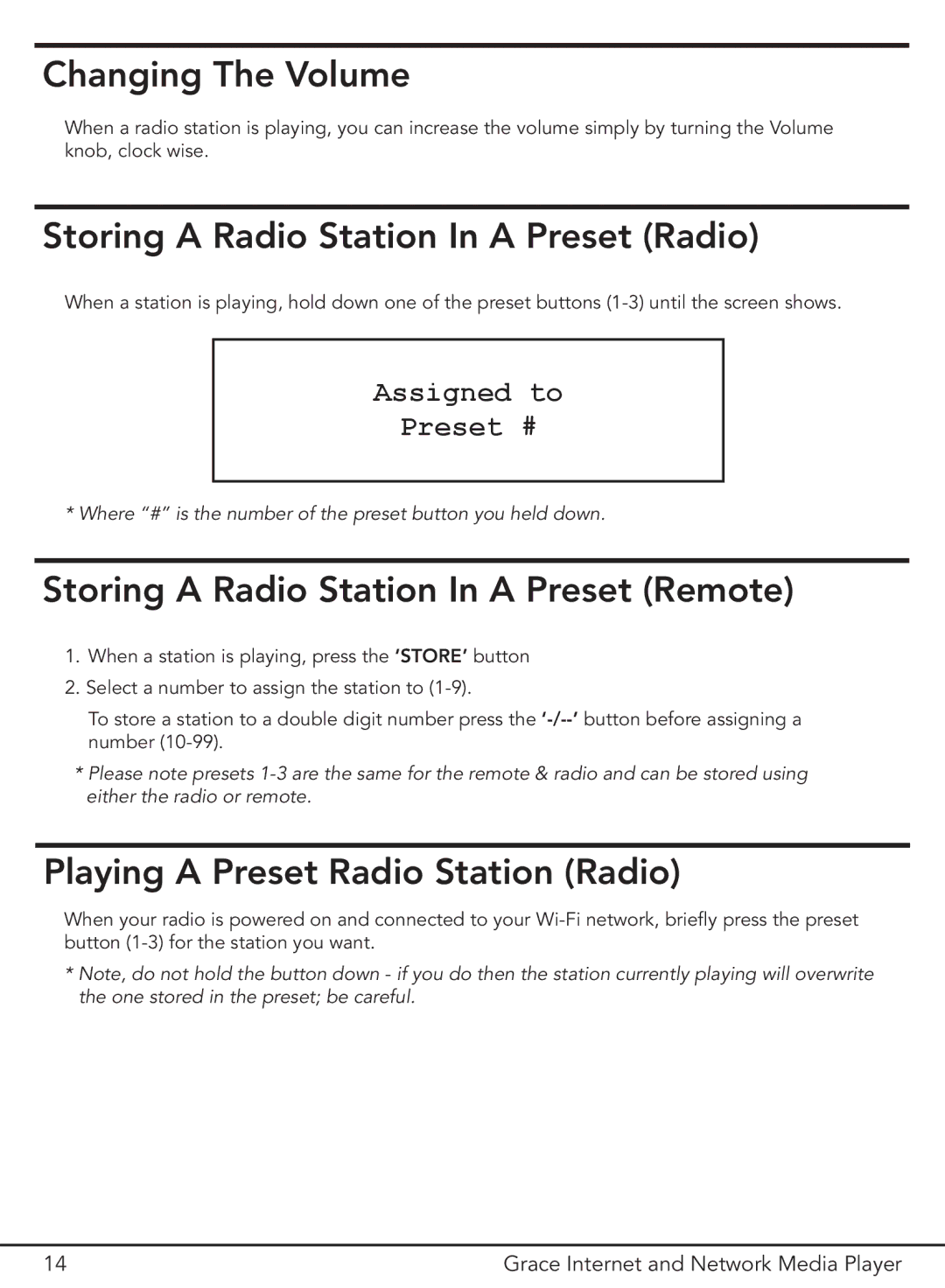 Grace GDI-IR3000 Changing The Volume, Storing a Radio Station In a Preset Radio, Playing a Preset Radio Station Radio 