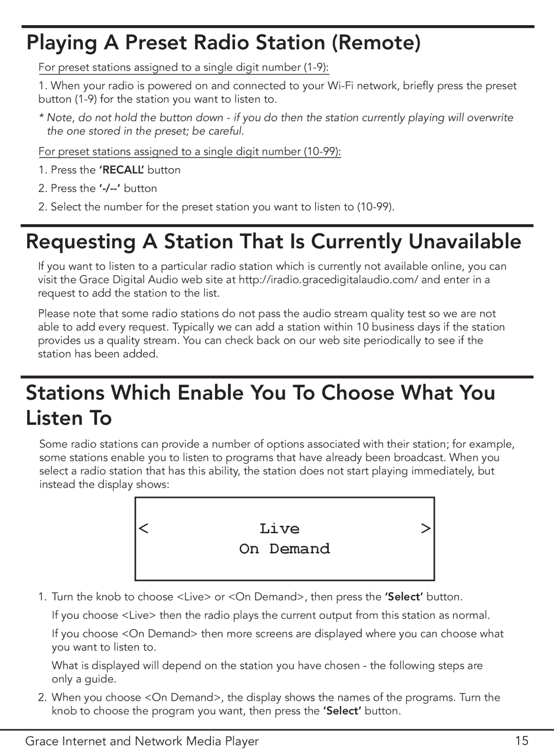 Grace GDI-IR3000 Playing a Preset Radio Station Remote, Requesting a Station That Is Currently Unavailable, Live On Demand 