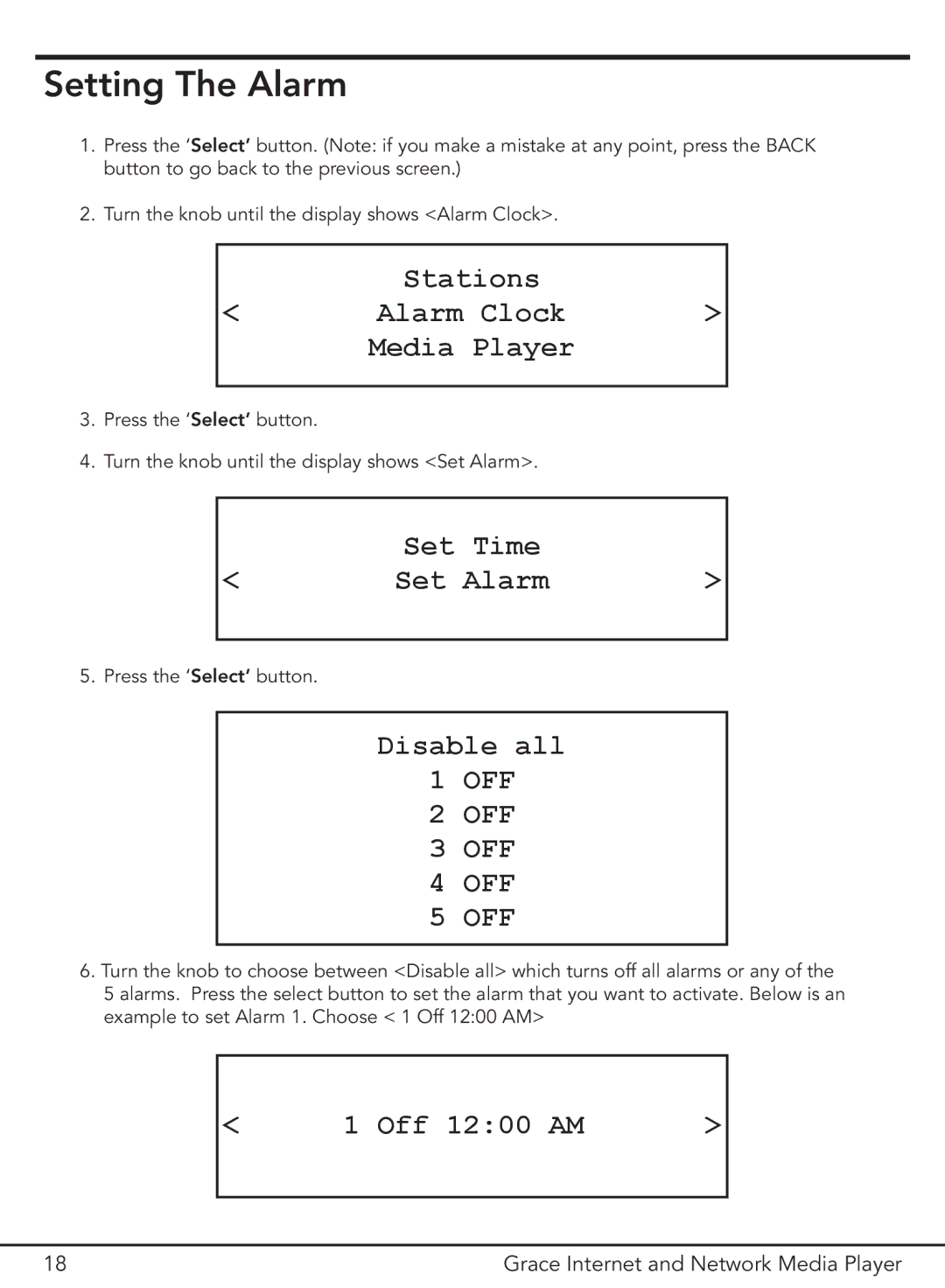 Grace GDI-IR3000 manual Setting The Alarm, Disable all, Off 1200 AM 