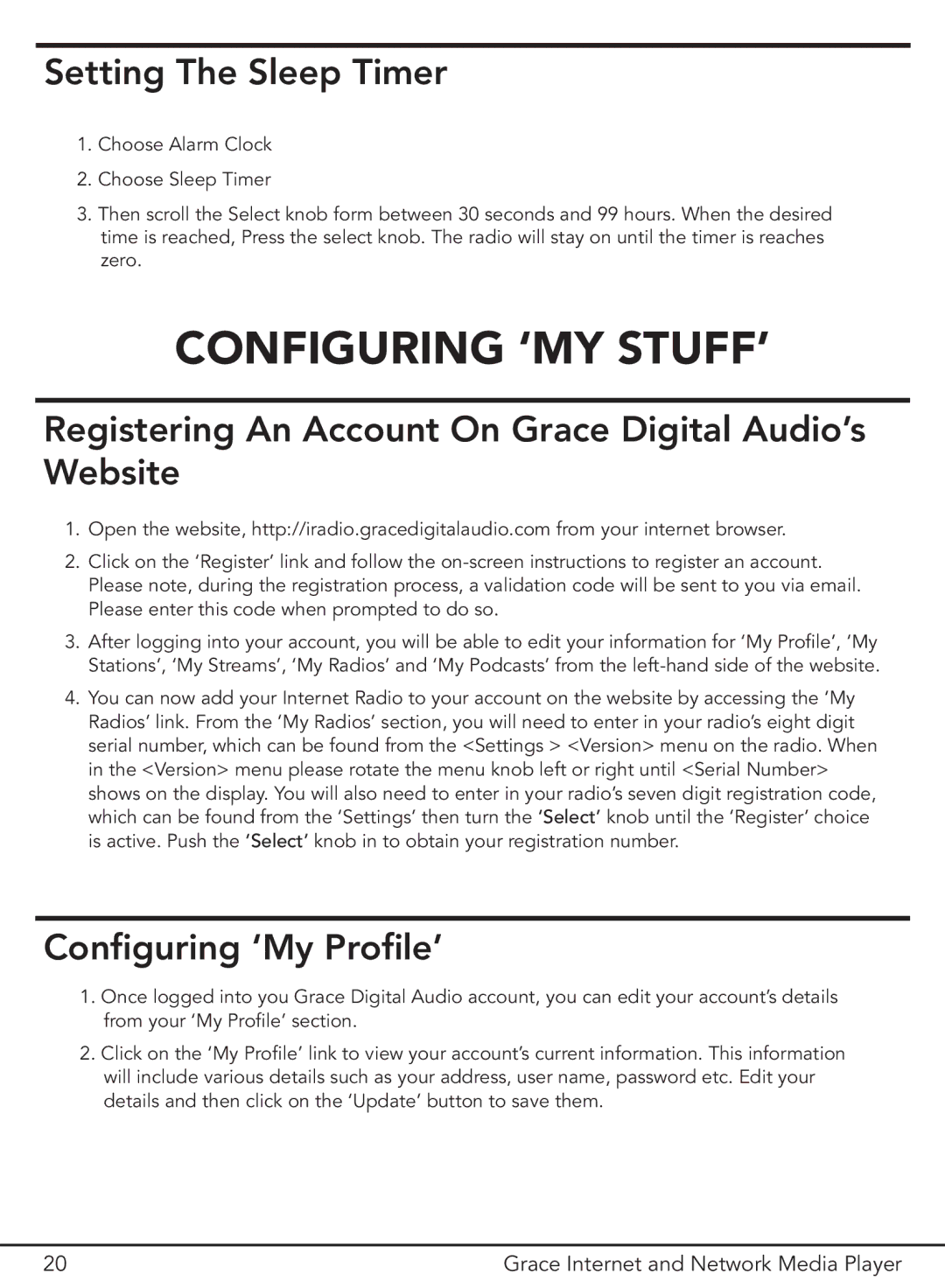 Grace GDI-IR3000 Configuring ‘MY STUFF’, Setting The Sleep Timer, Registering An Account On Grace Digital Audio’s Website 