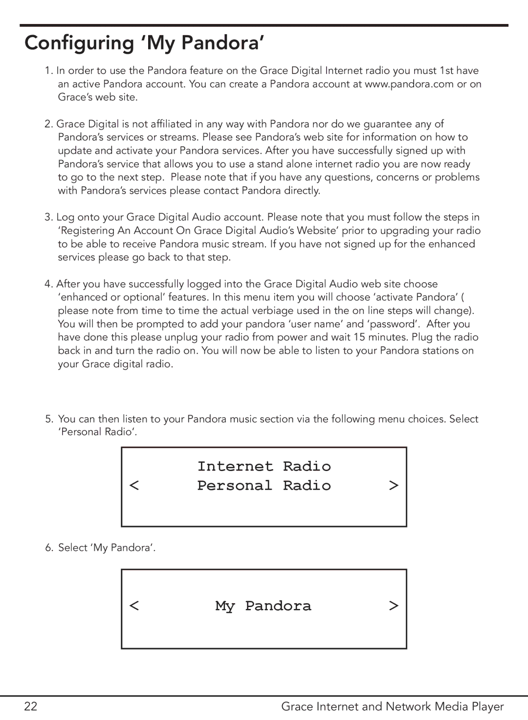 Grace GDI-IR3000 manual Configuring ‘My Pandora’, Internet Radio Personal 