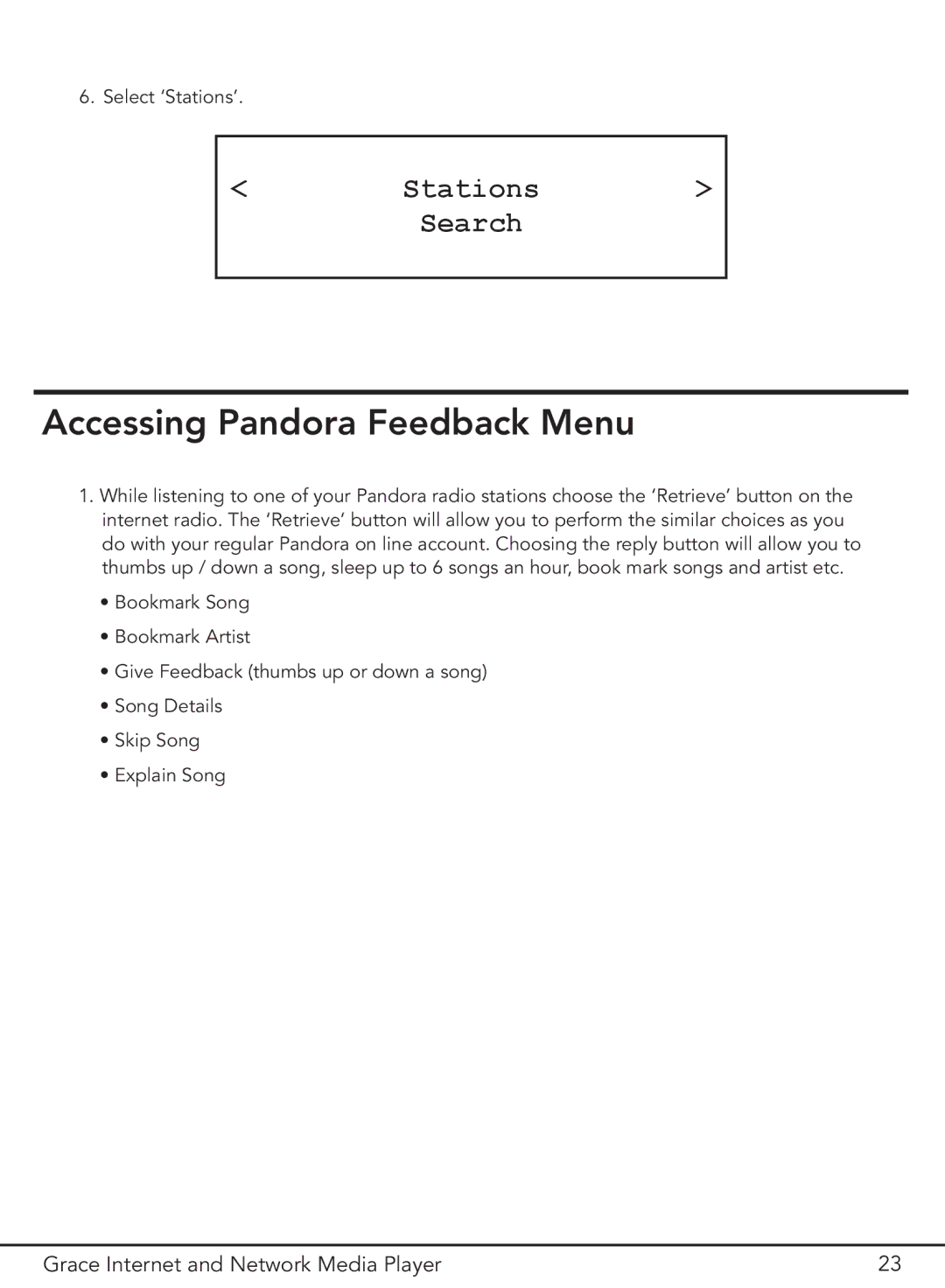 Grace GDI-IR3000 manual Accessing Pandora Feedback Menu, Stations Search 
