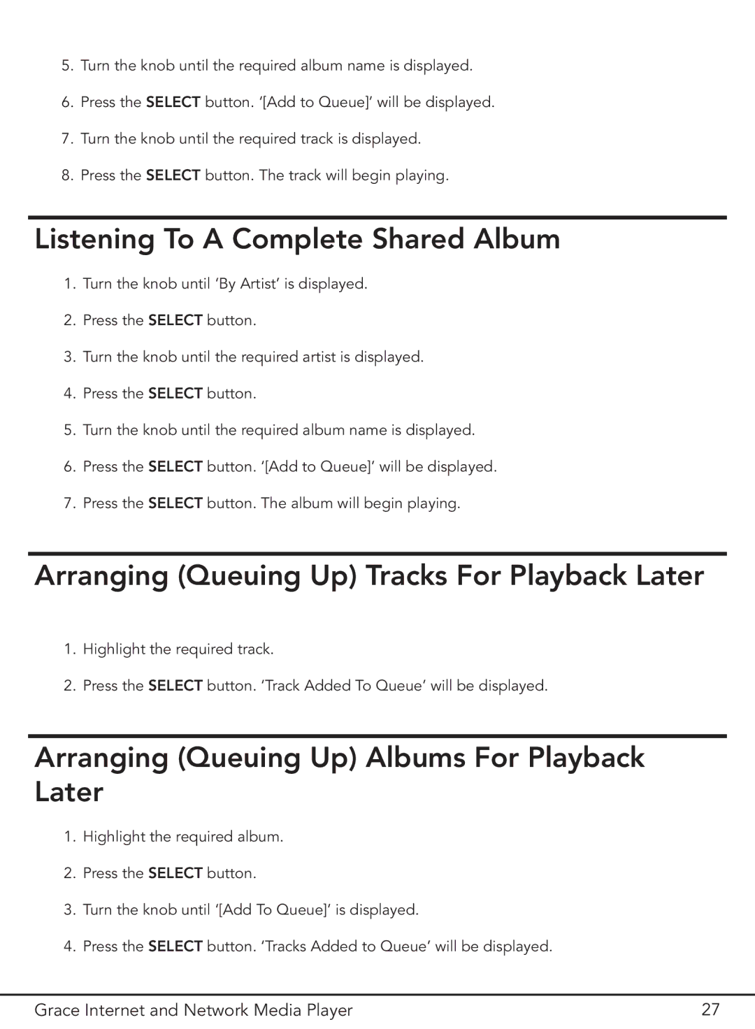 Grace GDI-IR3000 manual Listening To a Complete Shared Album, Arranging Queuing Up Tracks For Playback Later 