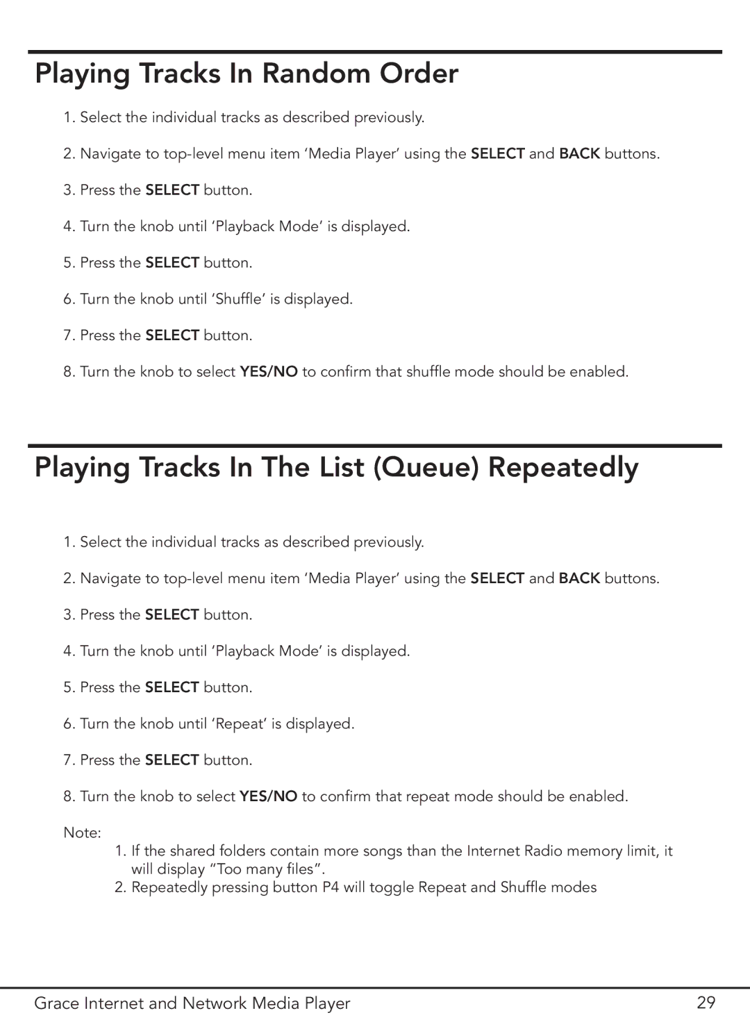 Grace GDI-IR3000 manual Playing Tracks In Random Order, Playing Tracks In The List Queue Repeatedly 