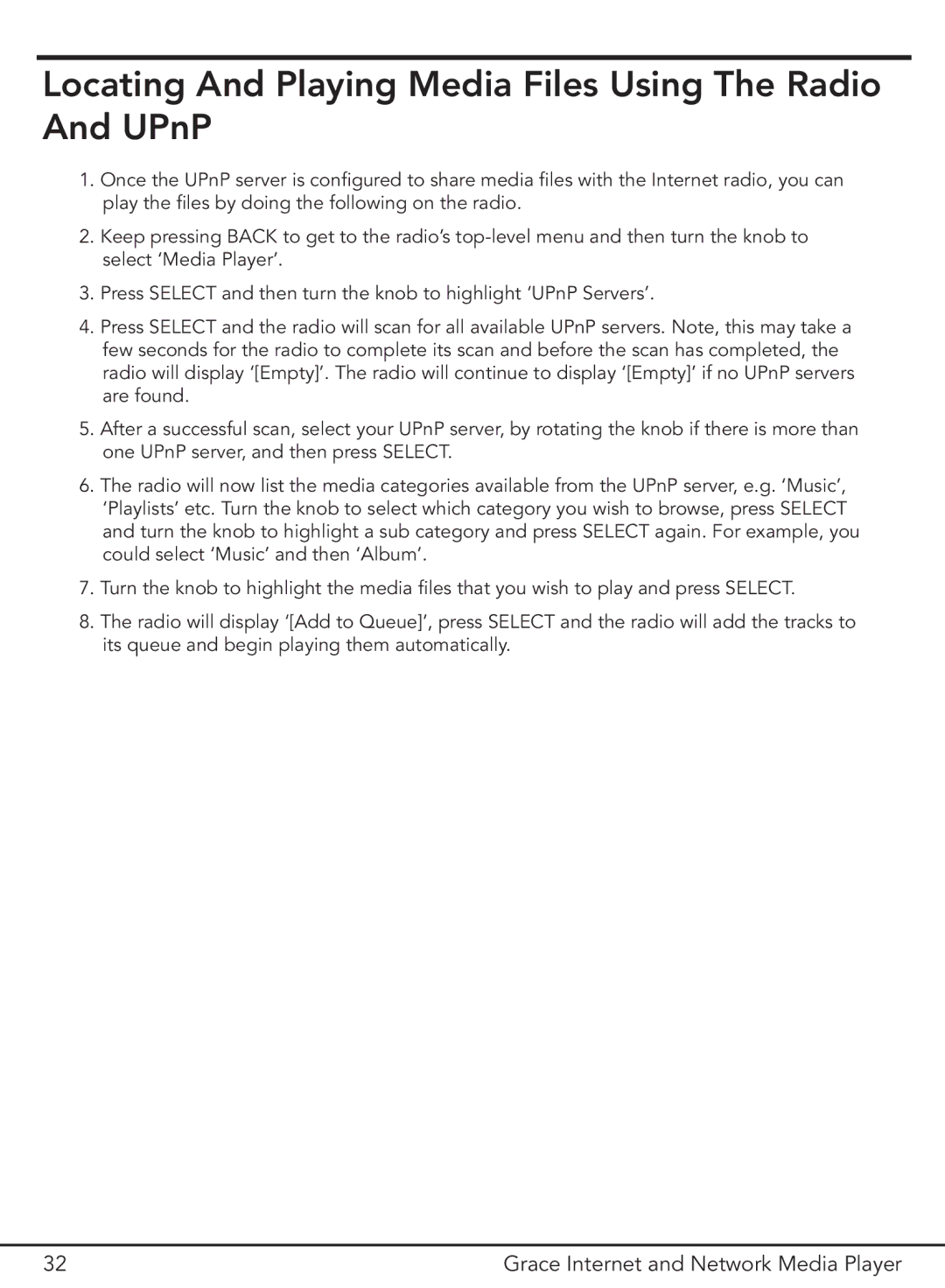 Grace GDI-IR3000 manual Locating And Playing Media Files Using The Radio And UPnP 