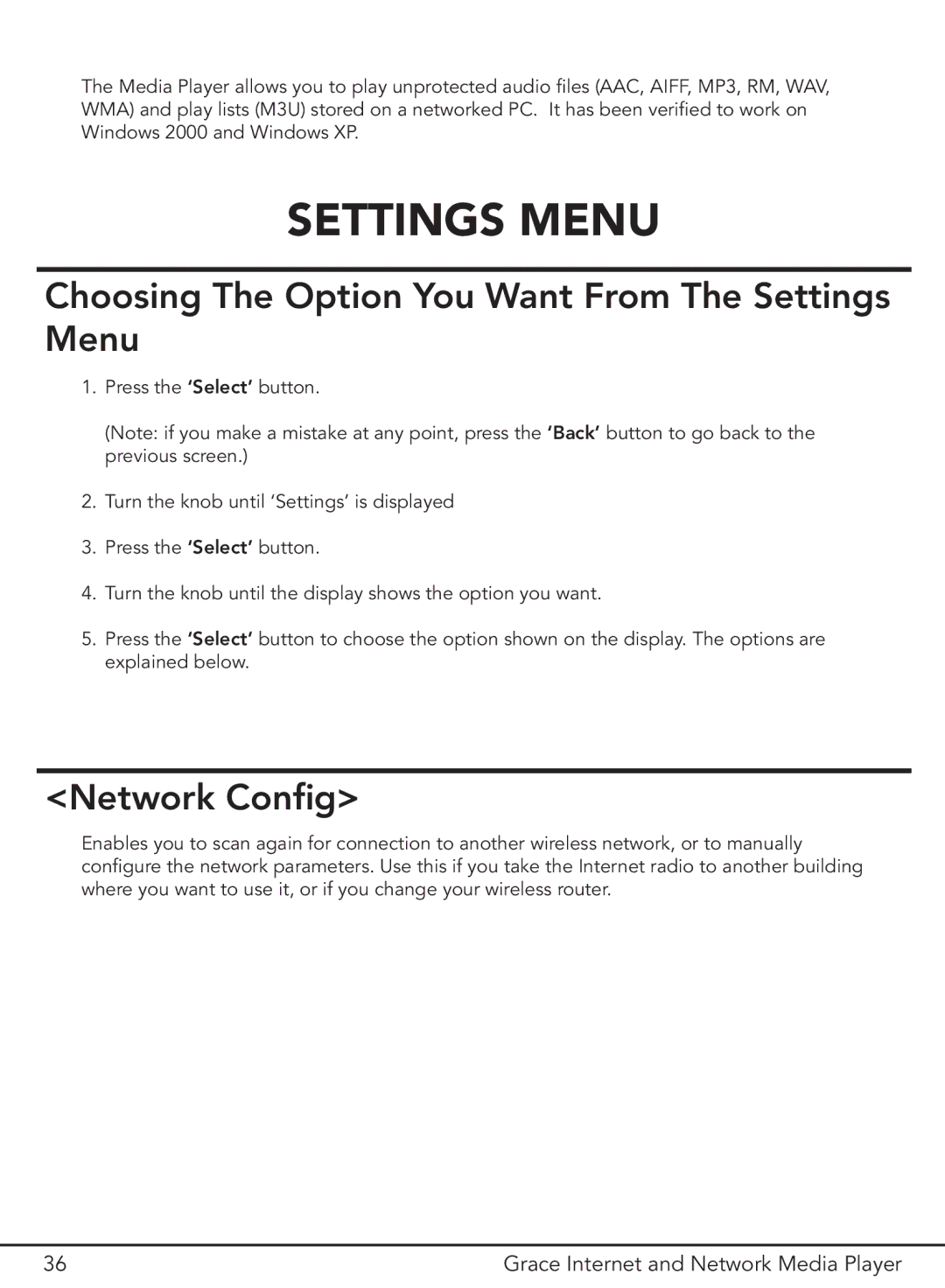 Grace GDI-IR3000 manual Choosing The Option You Want From The Settings Menu, Network Config 