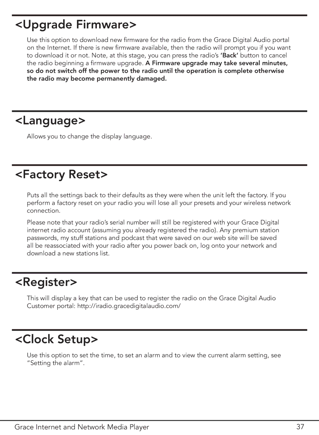 Grace GDI-IR3000 manual Upgrade Firmware, Language, Factory Reset, Register, Clock Setup 