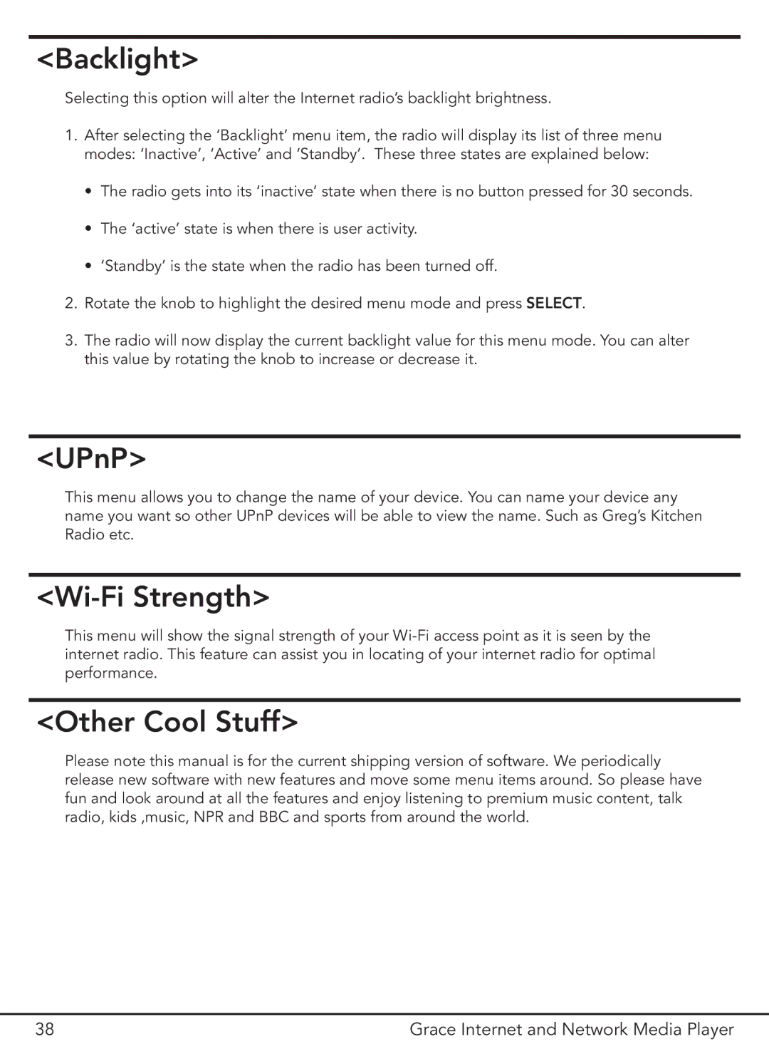 Grace GDI-IR3000 manual Backlight, UPnP, Wi-Fi Strength, Other Cool Stuff 