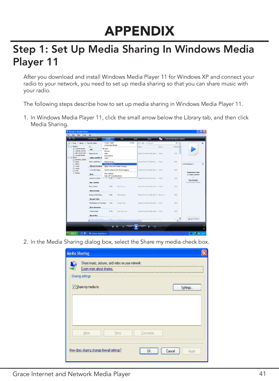 Grace GDI-IR3000 manual Appendix, Set Up Media Sharing In Windows Media Player 