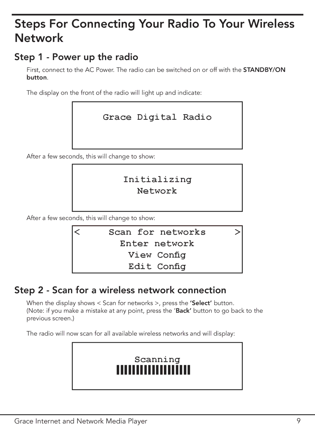 Grace GDI-IR3000 Steps For Connecting Your Radio To Your Wireless Network, Grace Digital Radio, Initializing, Scanning 