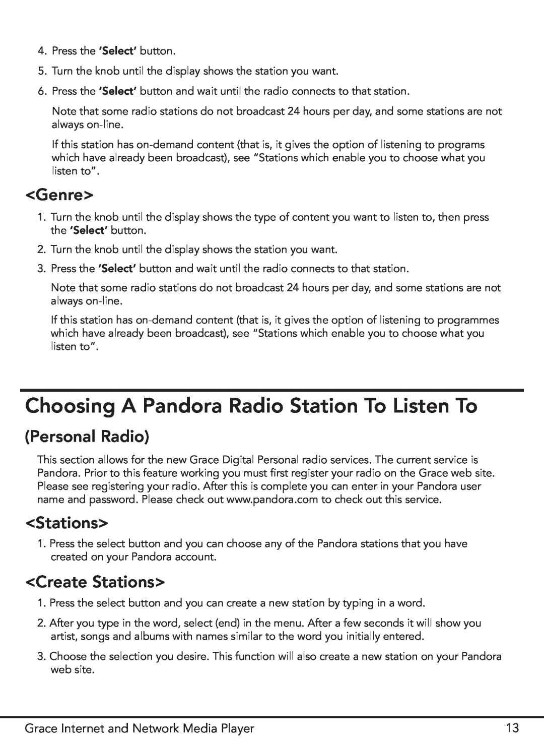 Grace GDI-IR3000 manual Choosing A Pandora Radio Station To Listen To, Genre, Personal Radio, Create Stations 