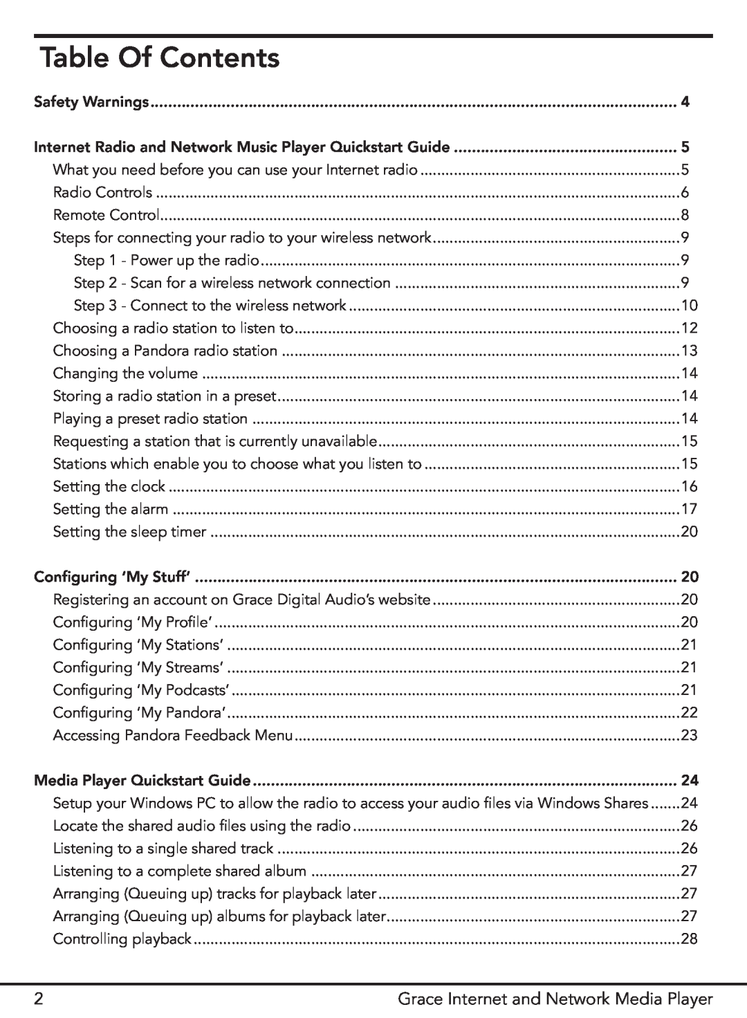 Grace GDI-IR3000 manual Table Of Contents, Grace Internet and Network Media Player 