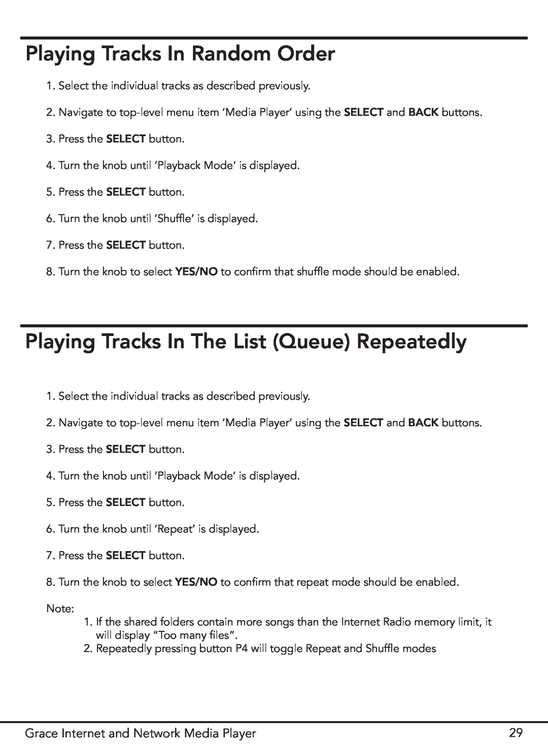 Grace GDI-IR3000 manual Playing Tracks In Random Order, Playing Tracks In The List Queue Repeatedly 