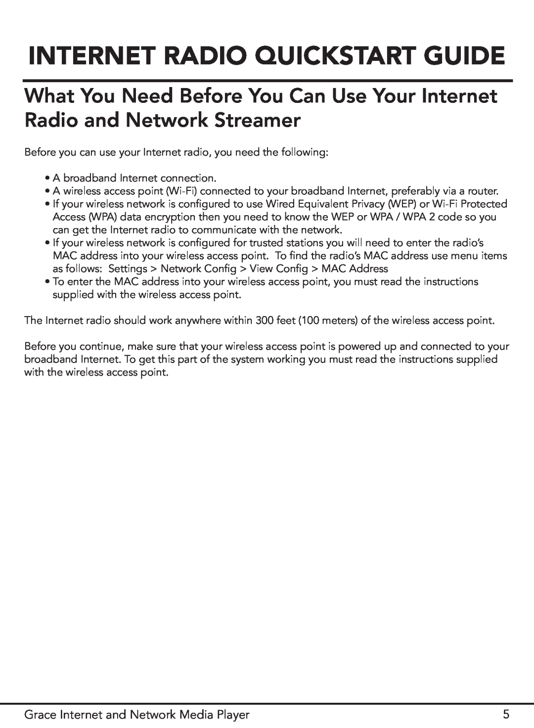 Grace GDI-IR3000 manual Internet Radio Quickstart Guide, Grace Internet and Network Media Player 