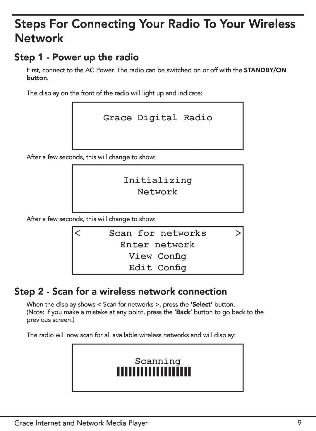 Grace GDI-IR3000 manual Power up the radio, Grace Digital Radio, Initializing, View, Config, Edit, Scanning, Network 