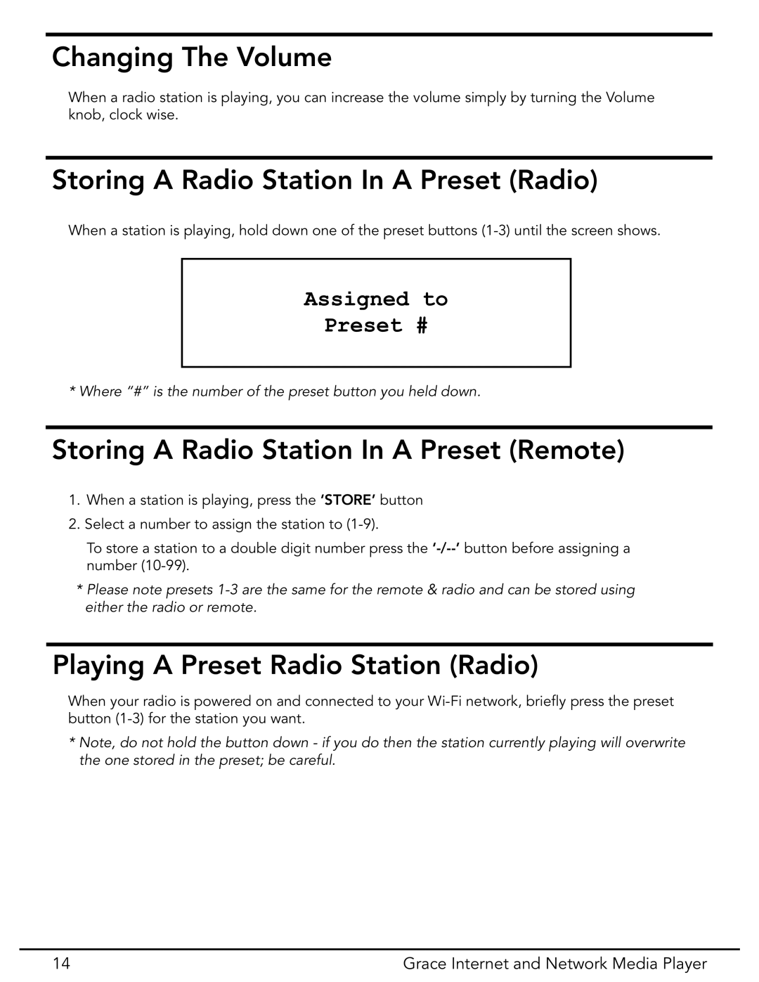 Grace GDI-IR3020 Changing The Volume, Storing a Radio Station In a Preset Radio, Playing a Preset Radio Station Radio 