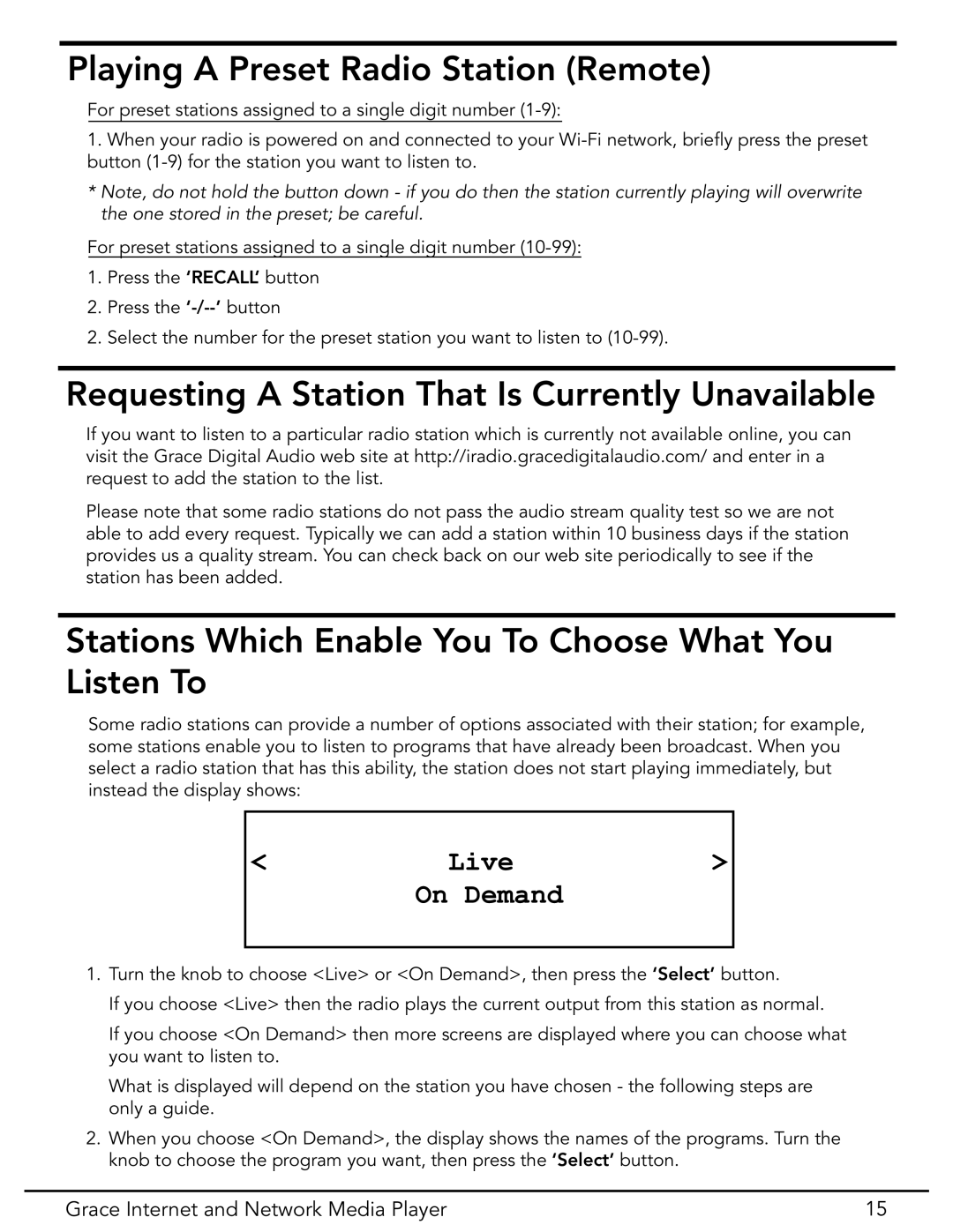 Grace GDI-IR3020 Playing a Preset Radio Station Remote, Requesting a Station That Is Currently Unavailable, Live On Demand 