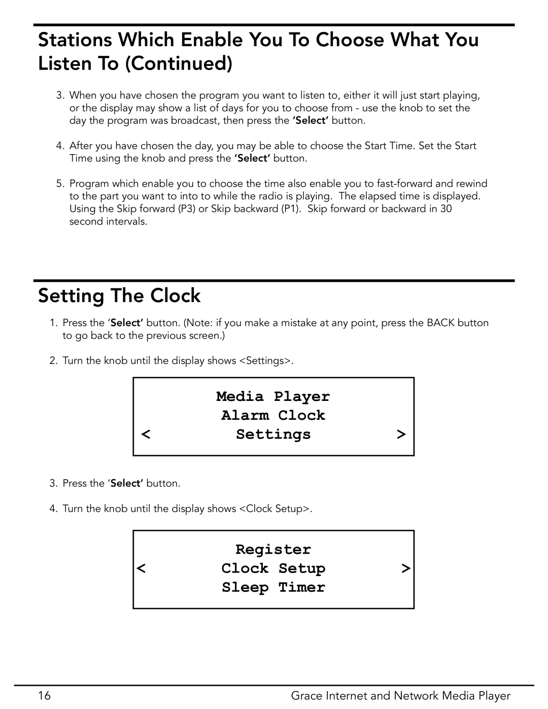 Grace GDI-IR3020 manual Setting The Clock, Media Player Alarm Clock Settings, Register Clock Setup Sleep Timer 
