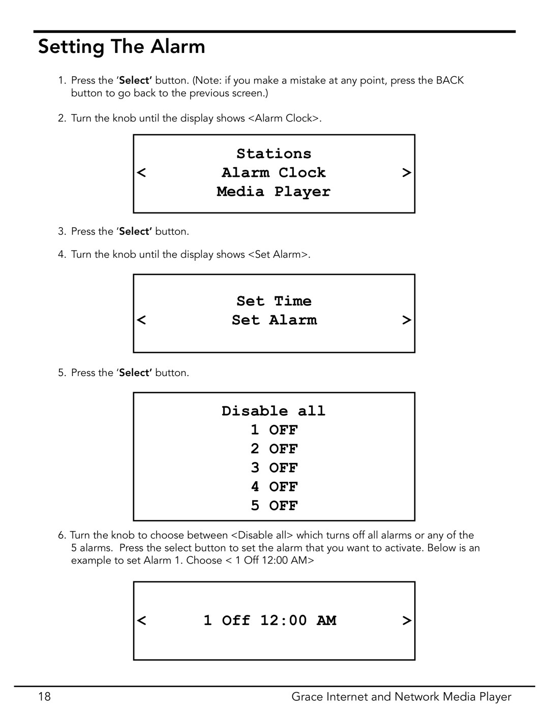Grace GDI-IR3020 manual Setting The Alarm, Stations Alarm Clock Media Player, Set Time Set Alarm, Disable all, Off 1200 AM 