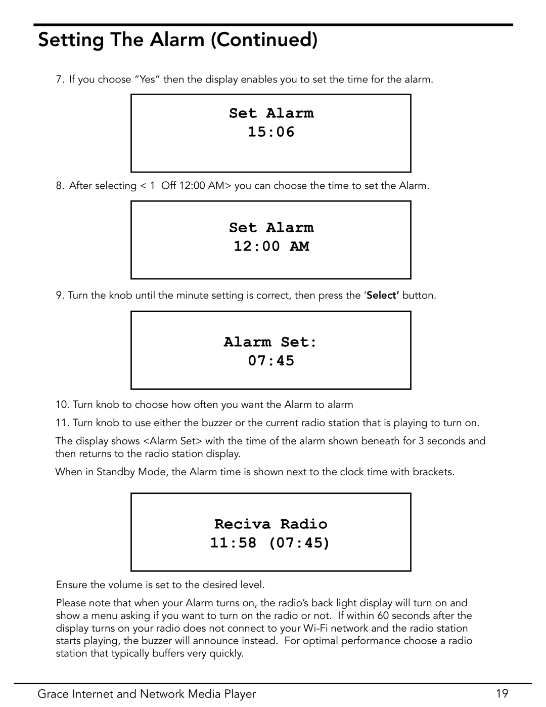 Grace GDI-IR3020 manual Set Alarm 1506, Set Alarm 1200 AM, Alarm Set 0745, Reciva Radio 1158 
