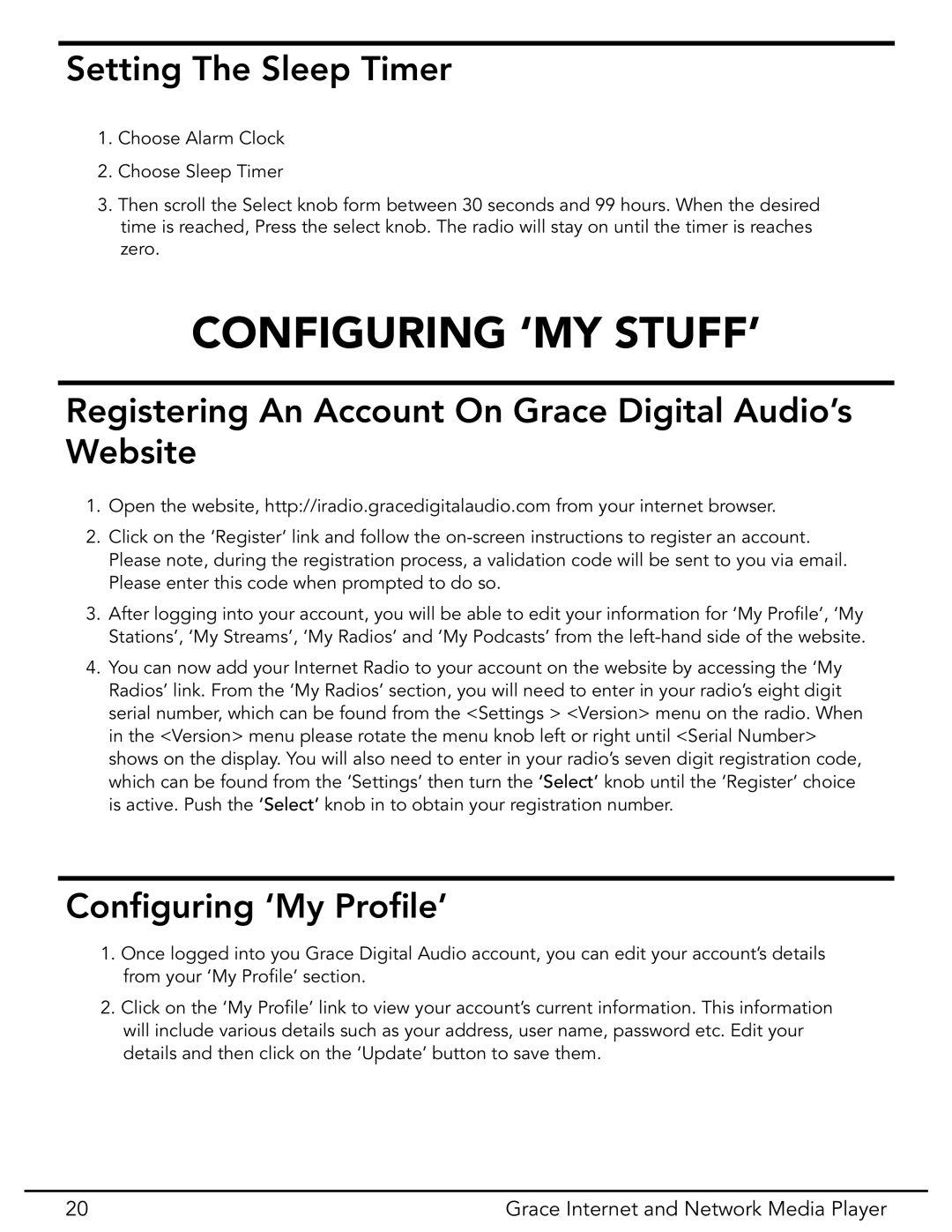Grace GDI-IR3020 Configuring ‘MY STUFF’, Setting The Sleep Timer, Registering An Account On Grace Digital Audio’s Website 