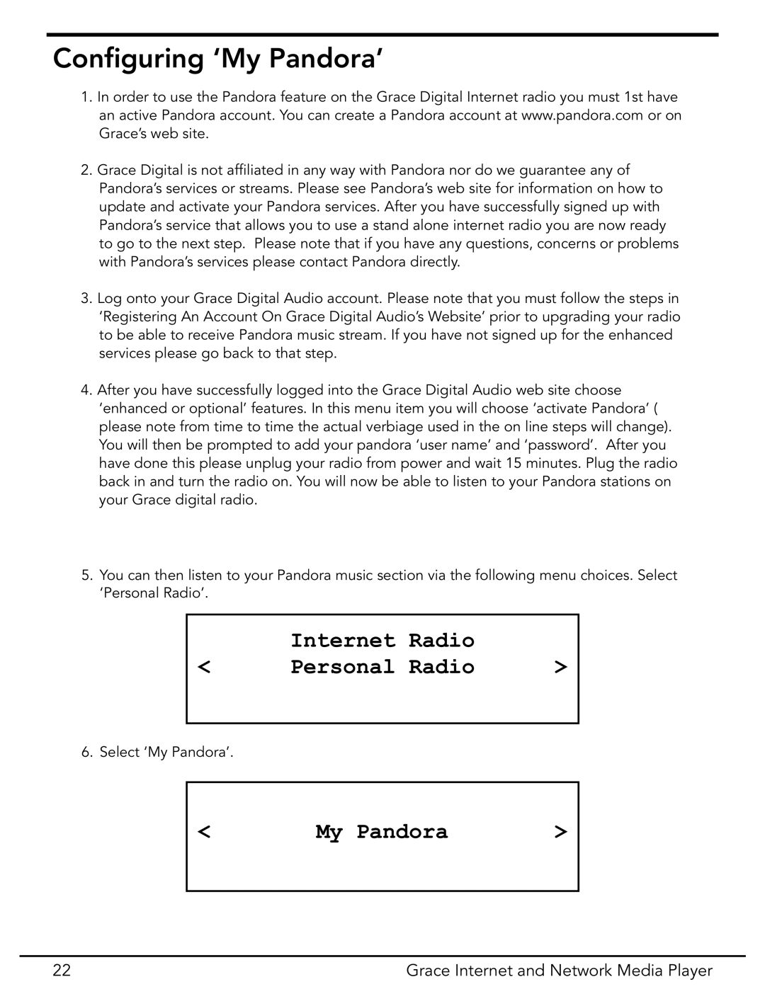 Grace GDI-IR3020 manual Conﬁguring ‘My Pandora’, Internet Radio Personal 