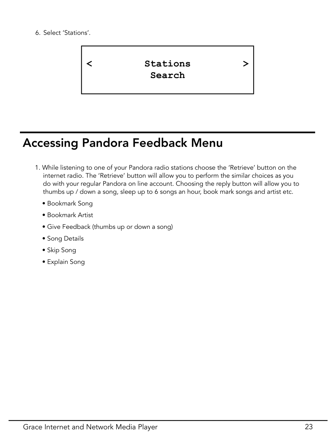 Grace GDI-IR3020 manual Accessing Pandora Feedback Menu, Stations Search 