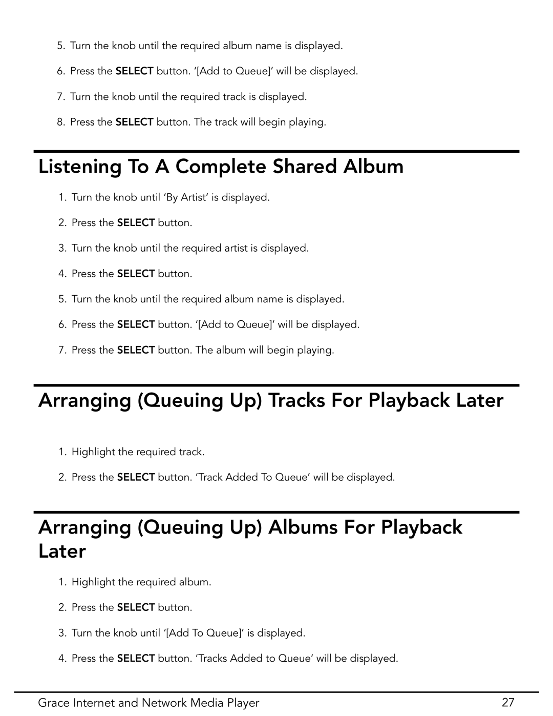 Grace GDI-IR3020 manual Listening To a Complete Shared Album, Arranging Queuing Up Tracks For Playback Later 