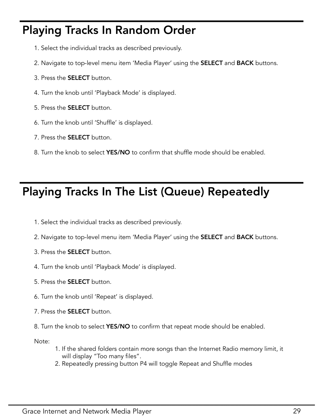 Grace GDI-IR3020 manual Playing Tracks In Random Order, Playing Tracks In The List Queue Repeatedly 