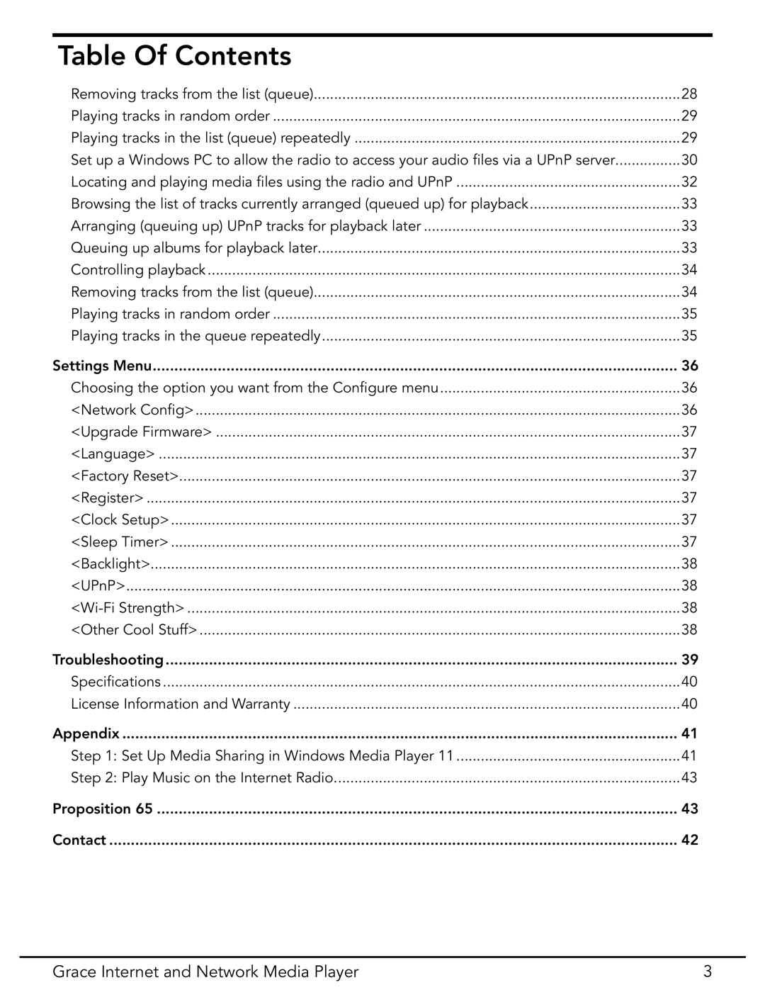 Grace GDI-IR3020 manual Table Of Contents 