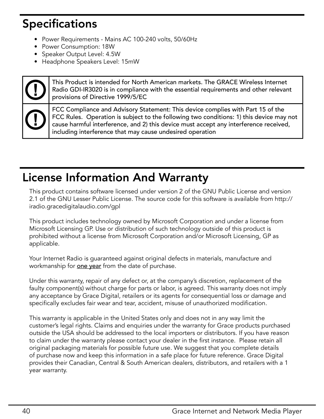 Grace GDI-IR3020 manual Speciﬁcations, License Information And Warranty 