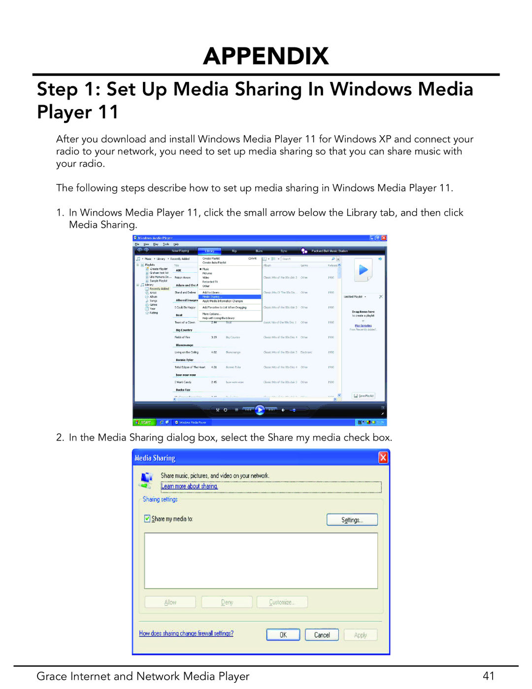 Grace GDI-IR3020 manual Appendix, Set Up Media Sharing In Windows Media Player 