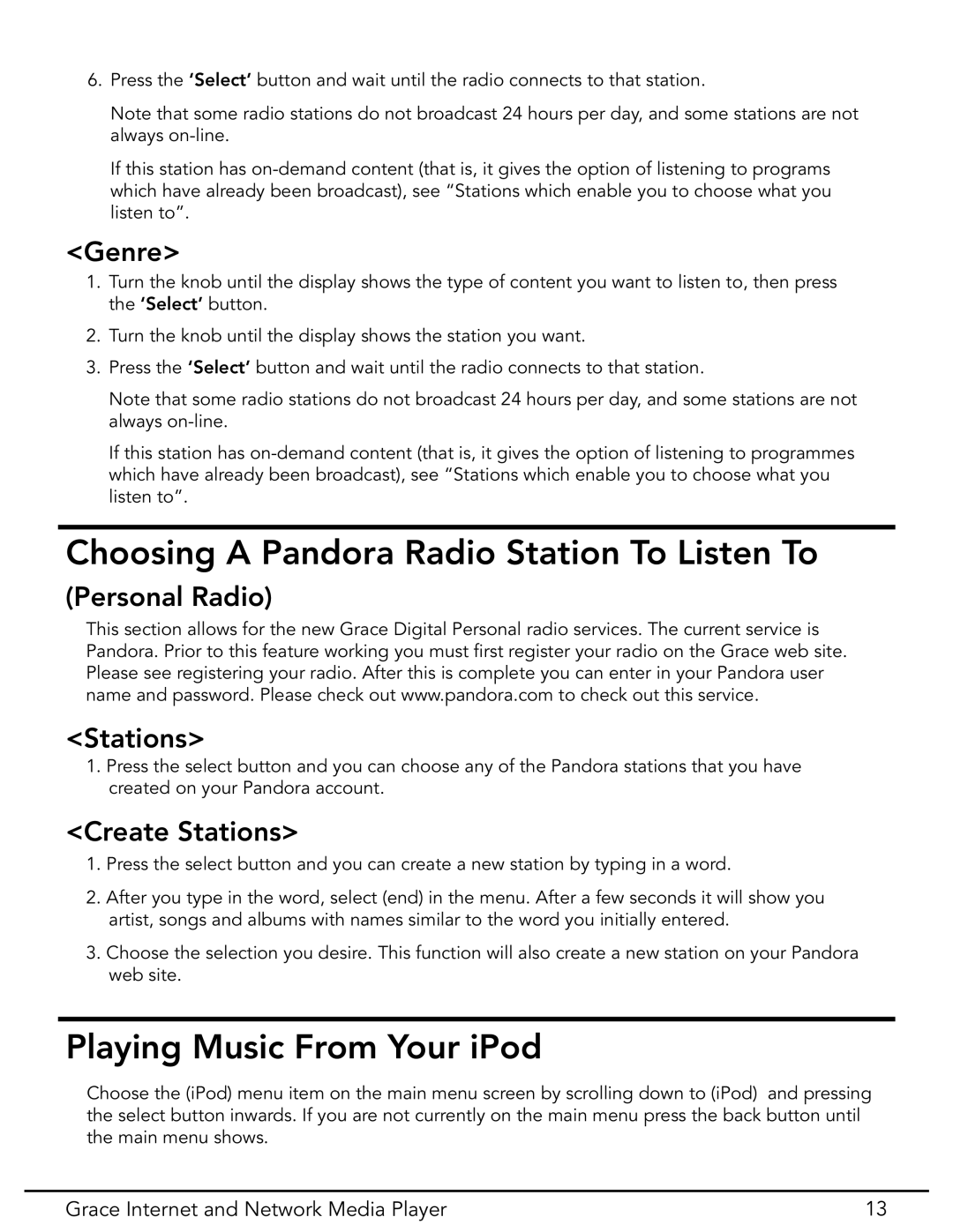 Grace GDI-IR3020 manual Choosing A Pandora Radio Station To Listen To, Playing Music From Your iPod, Genre, Personal Radio 
