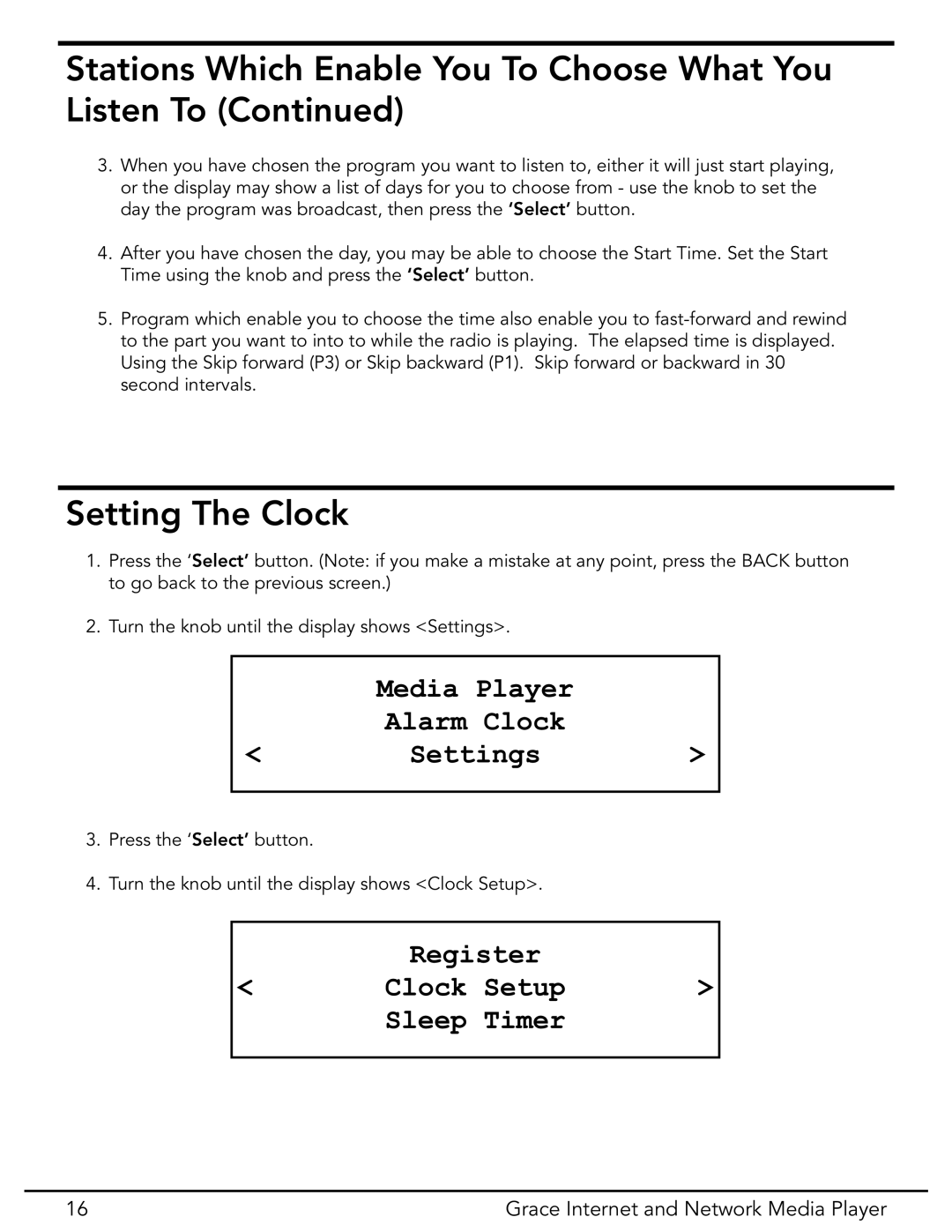 Grace GDI-IR3020 manual Setting The Clock, Media Player Alarm Clock Settings, Register, Setup, Sleep, Timer 