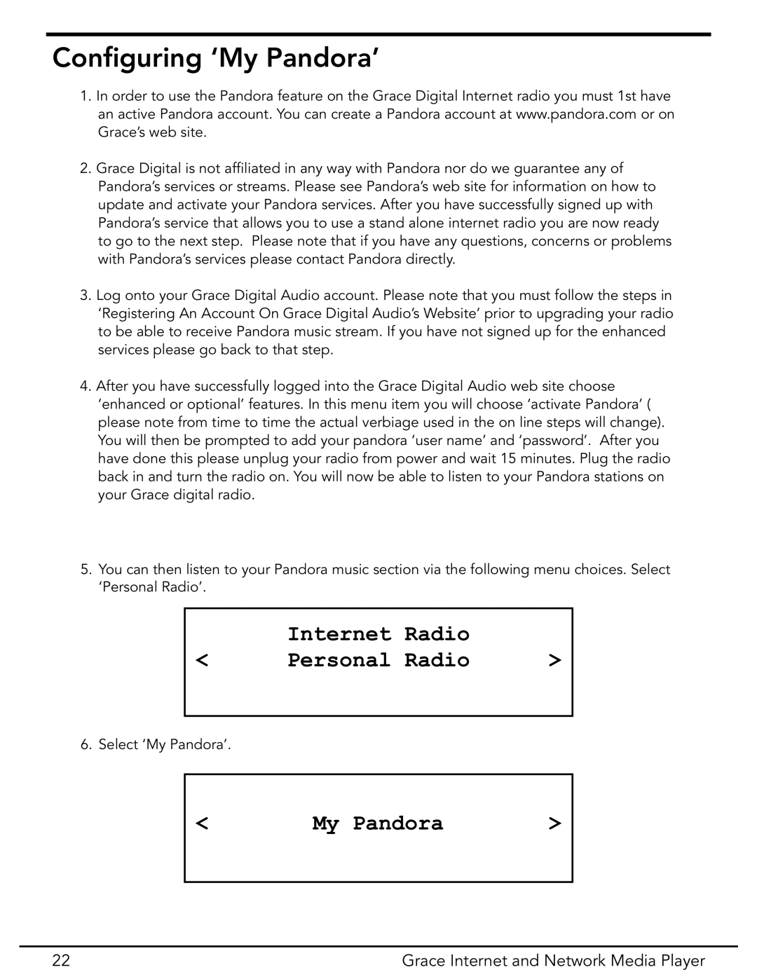 Grace GDI-IR3020 manual Conﬁguring ‘My Pandora’, Radio, Personal, Grace Internet and Network Media Player 