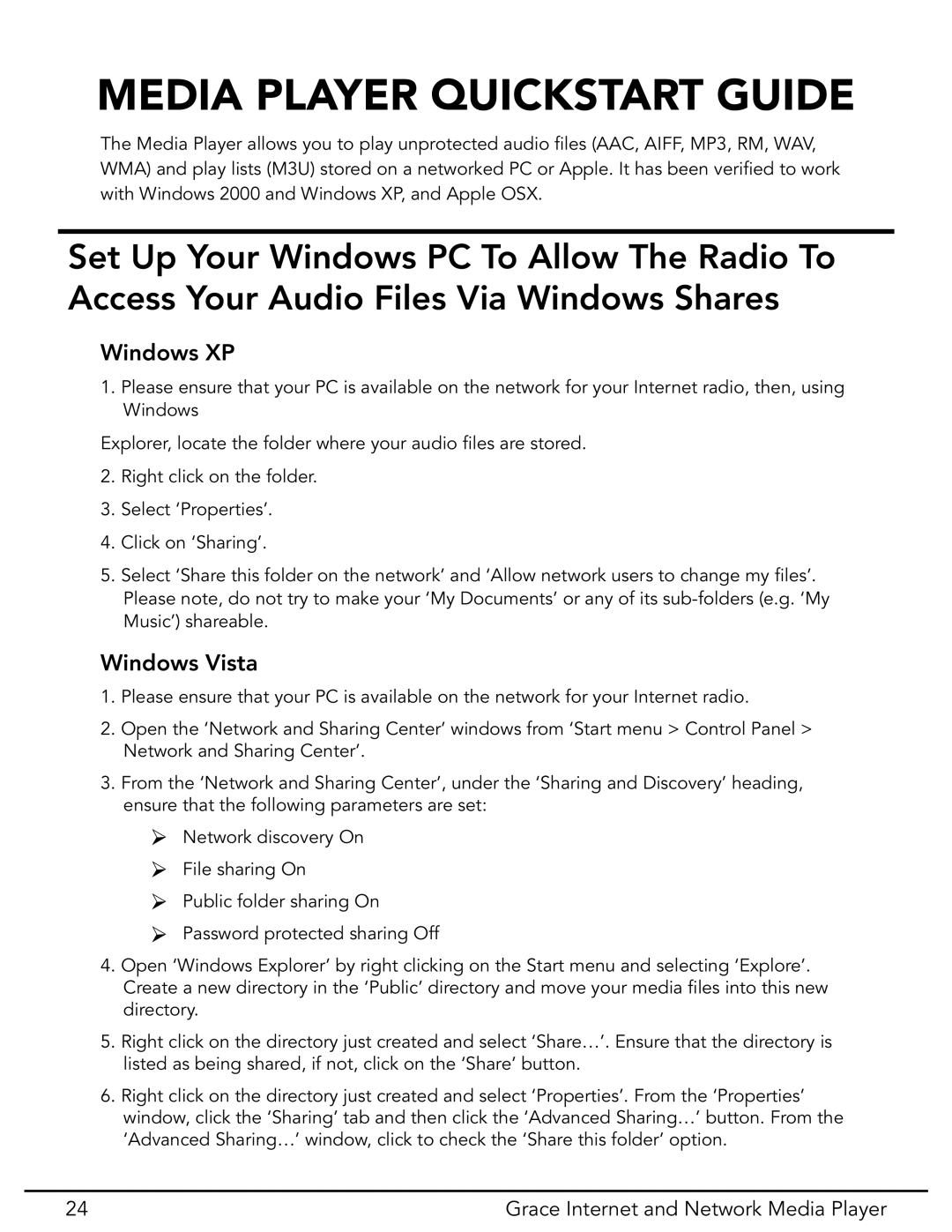 Grace GDI-IR3020 manual Media Player Quickstart Guide, Windows XP, Windows Vista, Grace Internet and Network Media Player 