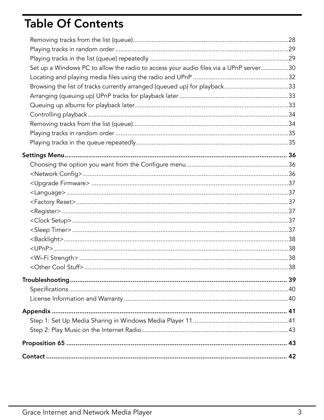 Grace GDI-IR3020 manual Table Of Contents, Grace Internet and Network Media Player 