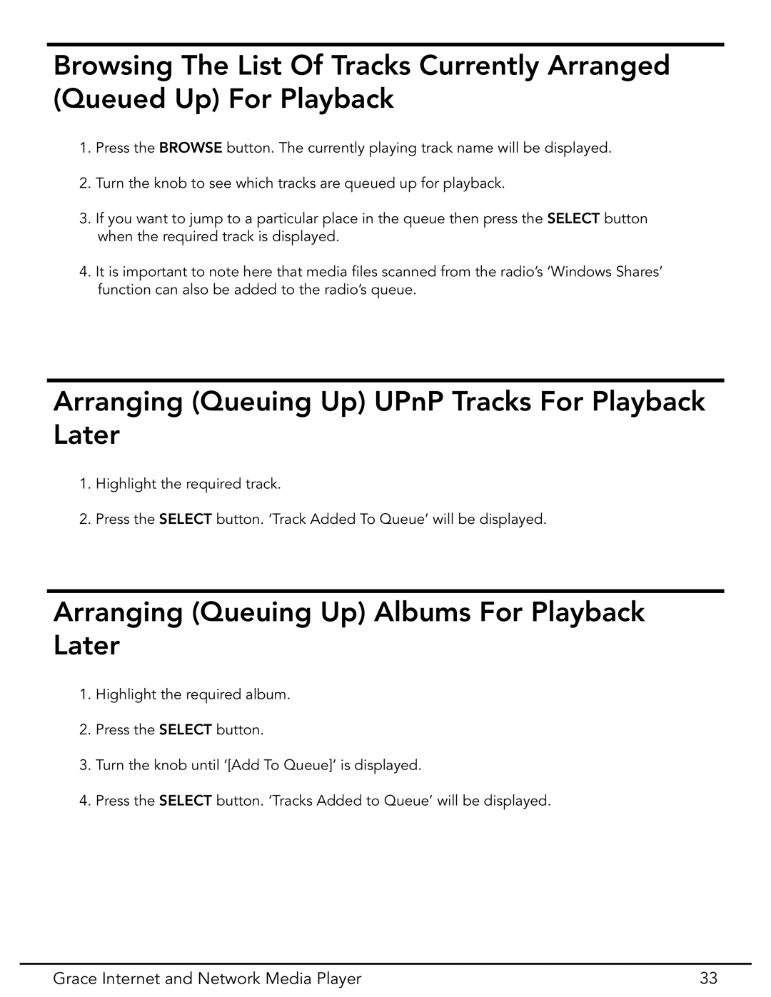 Grace GDI-IR3020 manual Arranging Queuing Up Albums For Playback Later 