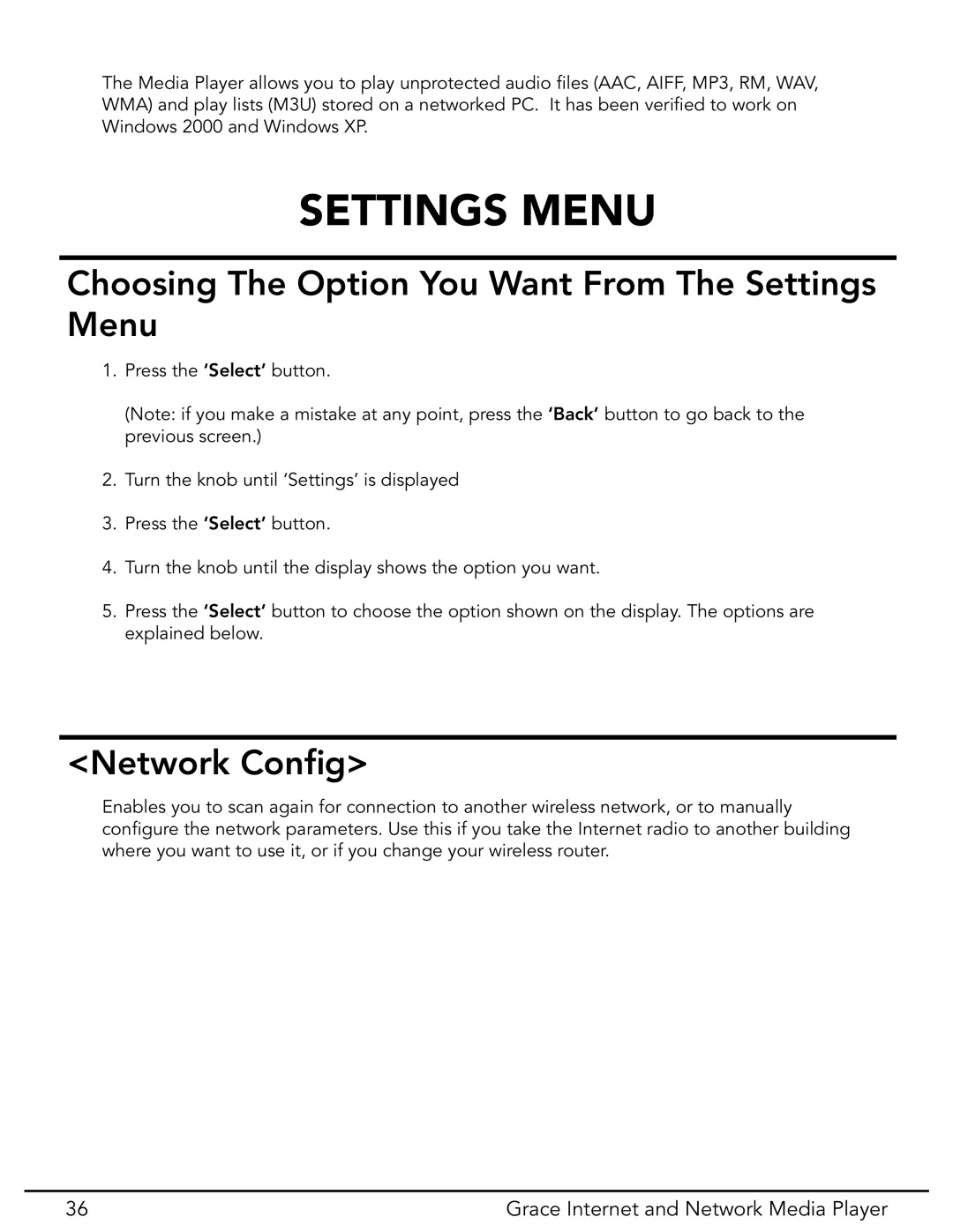 Grace GDI-IR3020 manual Settings Menu, Network Conﬁg, Grace Internet and Network Media Player 