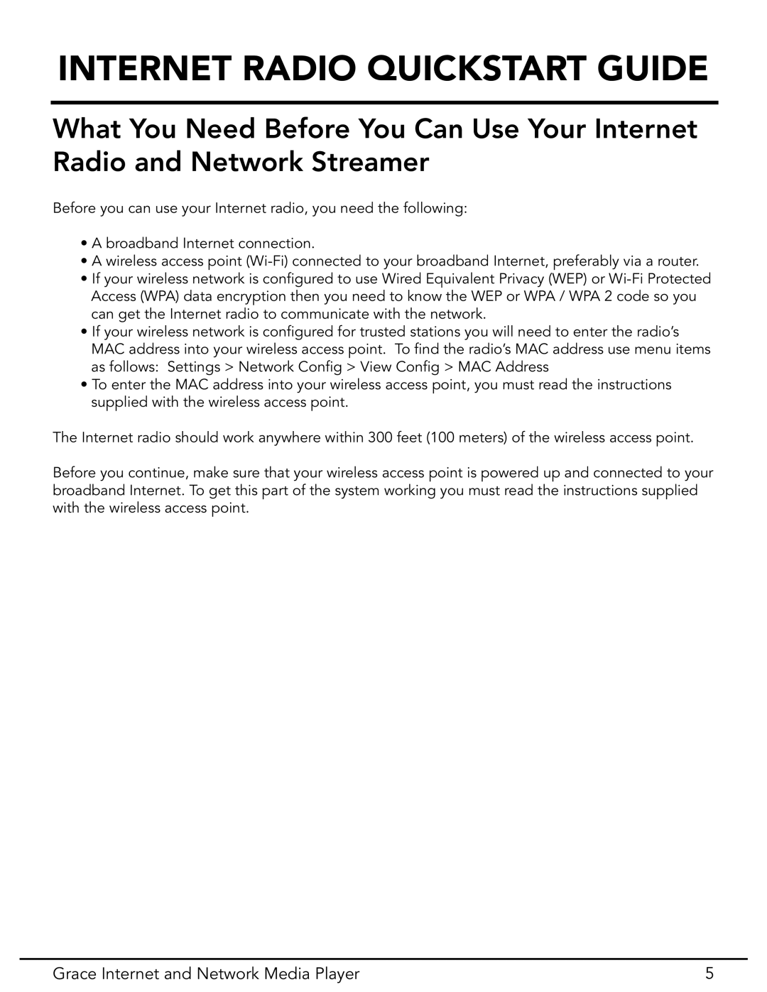 Grace GDI-IR3020 manual Internet Radio Quickstart Guide, Grace Internet and Network Media Player 