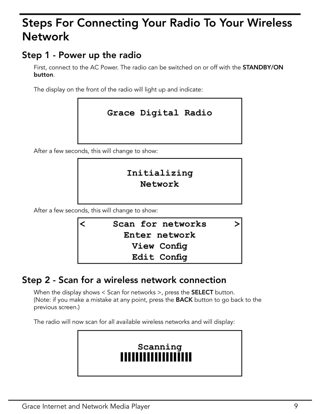 Grace GDI-IR3020 Power up the radio, Scan for a wireless network connection, Grace Digital Radio, Initializing Network 
