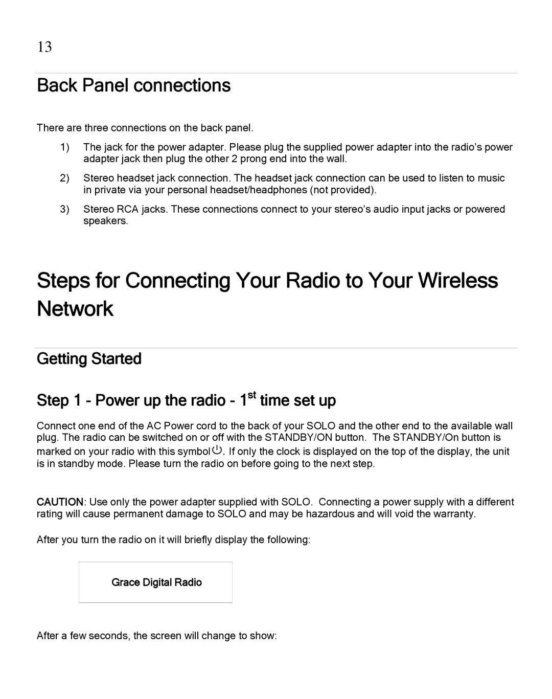 Grace GDI-IRA500 Steps for Connecting Your Radio to Your Wireless Network, Back Panel connections, Grace Digital Radio 