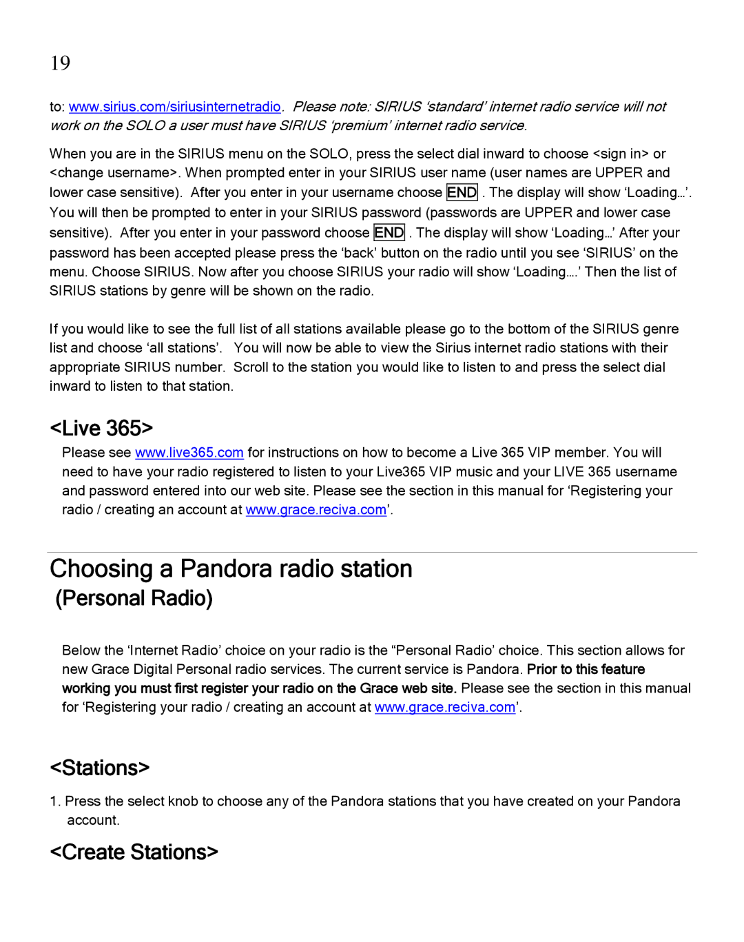 Grace GDI-IRA500 manual Choosing a Pandora radio station, Live, Personal Radio Stations, Create Stations 