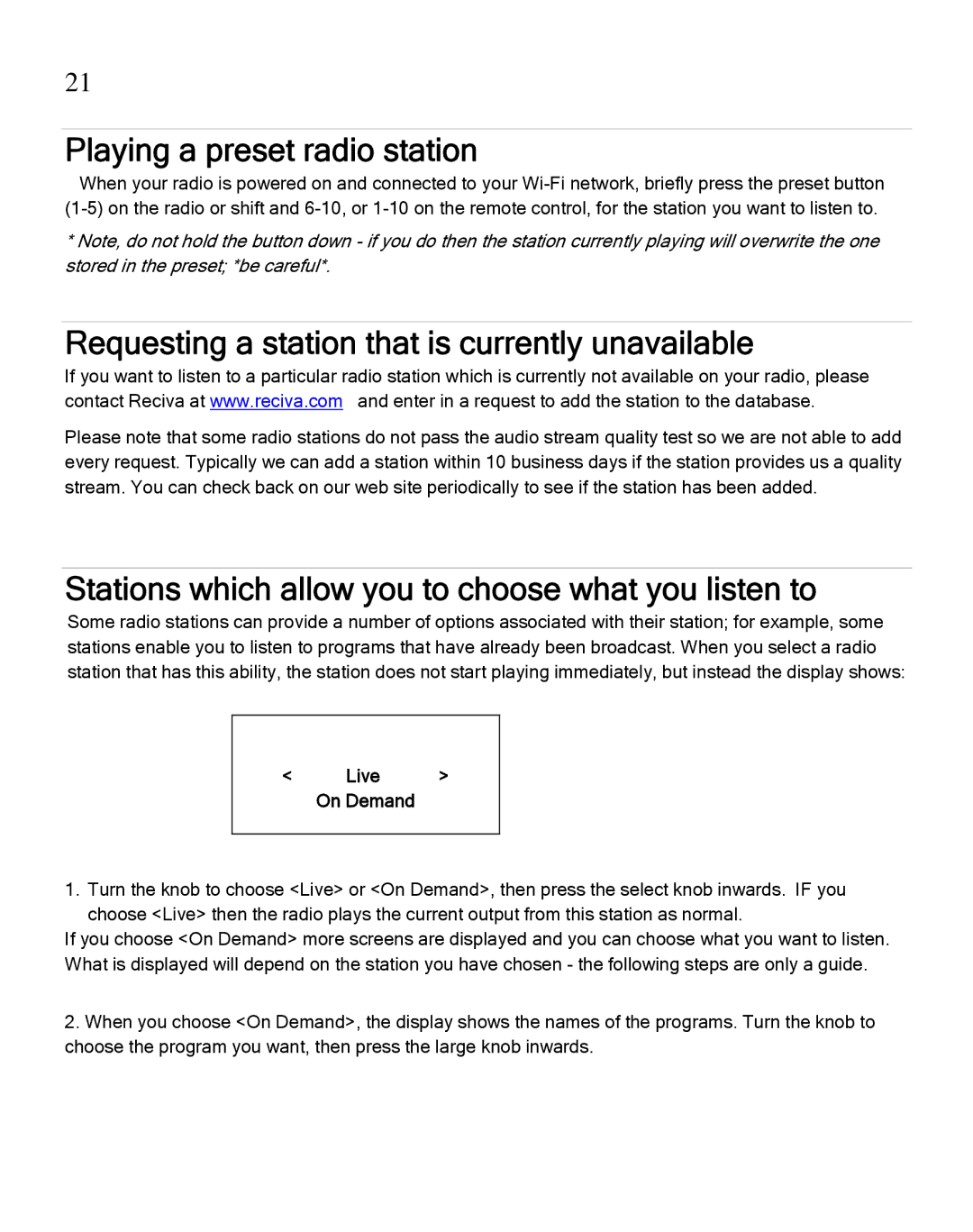 Grace GDI-IRA500 manual Playing a preset radio station, Requesting a station that is currently unavailable, Live 