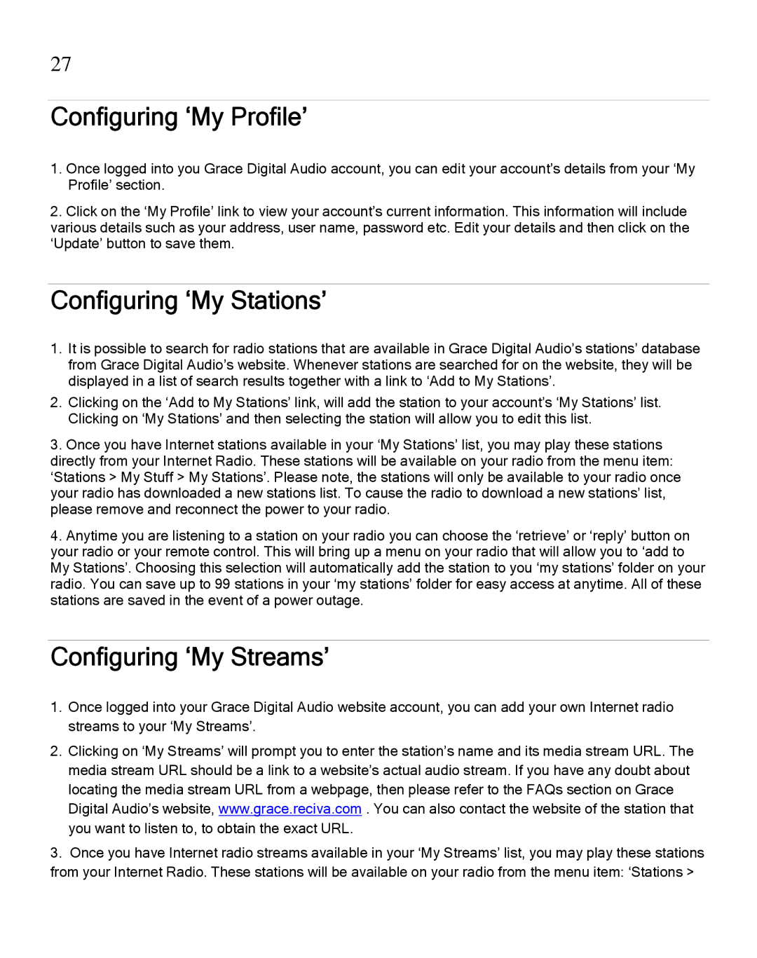 Grace GDI-IRA500 manual Configuring ‘My Profile’, Configuring ‘My Stations’, Configuring ‘My Streams’ 